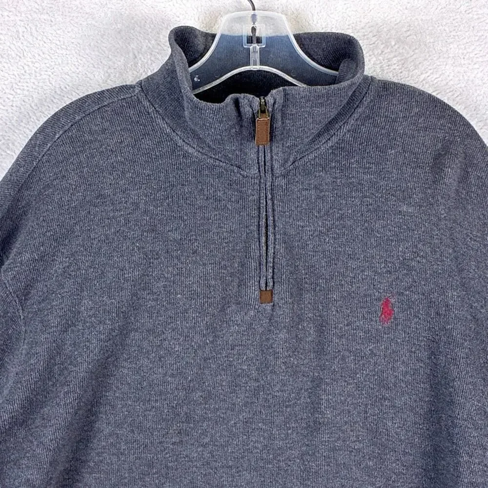 Polo Ralph Lauren 1/4 Zip Sweater Mens XL Gray Red Pony Pullover Preppy Classic
